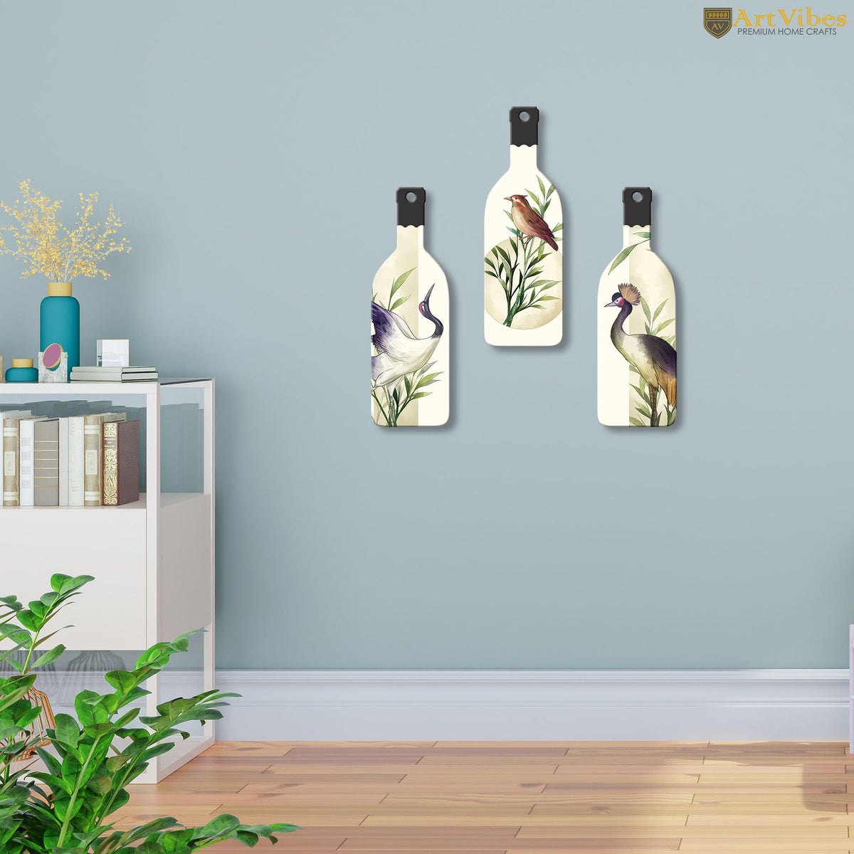 Artvibes Japanese Watercolor Art of Birds Decor Bottle shaped Wooden Wall Hanging | Living Room | Handcrafted Art | Wall Poster | Aesthetic Wooden Decor | Art Print | Unique Gift (WH_9515N), Set of 3
