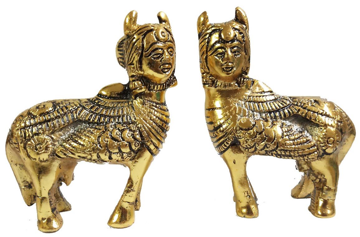 Prince Home Decor & Gifts Metal Kamdhenu nandani cow south indian cow Statue Good Luck Holy Cow With Calf Statue/metal Cow With Calf for home decor/ Spiritual Showpiece Figurine Sculpture Vastu Decorative Handmade Home Office Showpiece Gifts