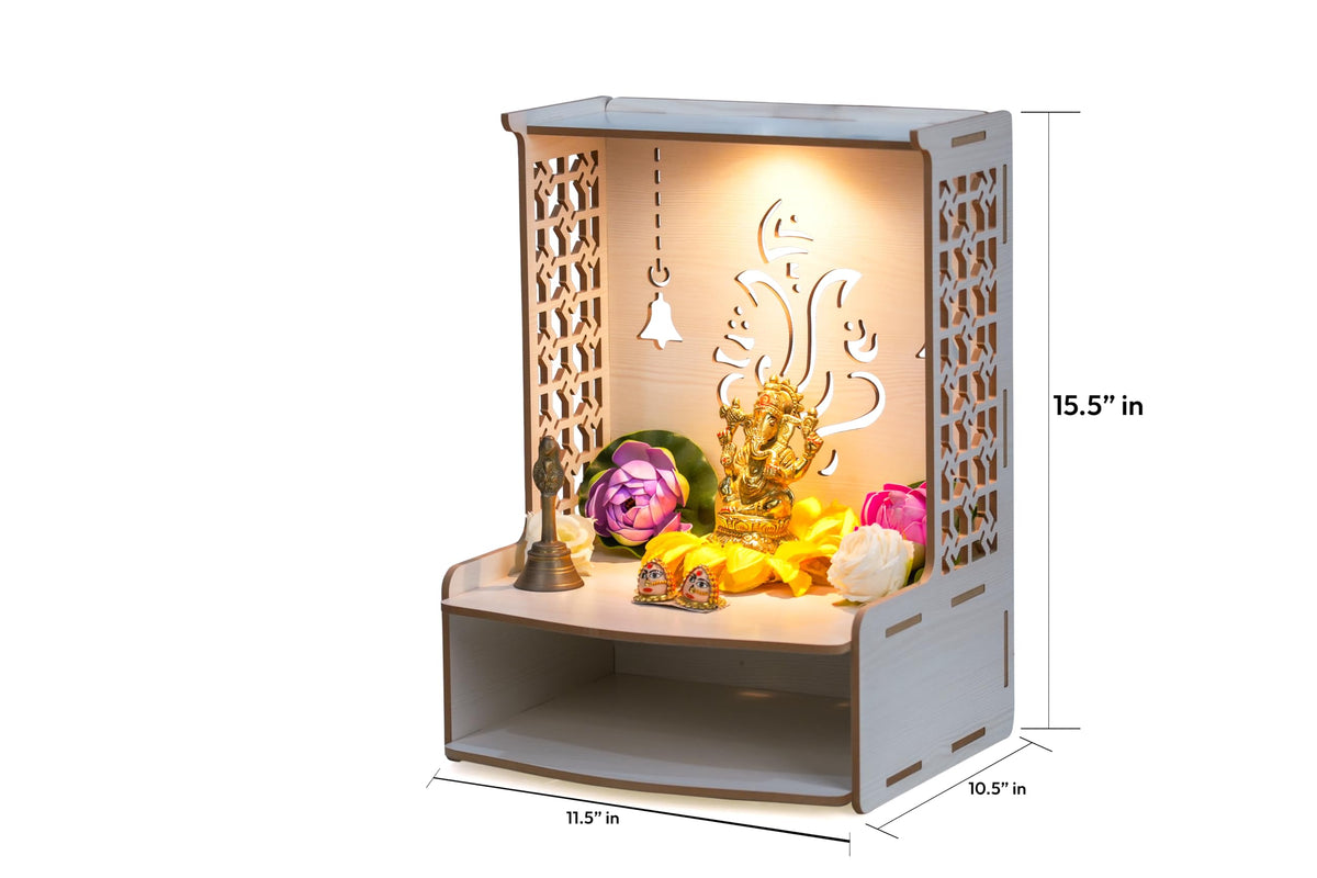 PIXELCRAFTS Wooden Temple Puja Mandir Art and Craft Temple for Home Shop Office with LED SPOT Light. (Size – H 15.5X L 11.5 x W 10.5 inch) White 2
