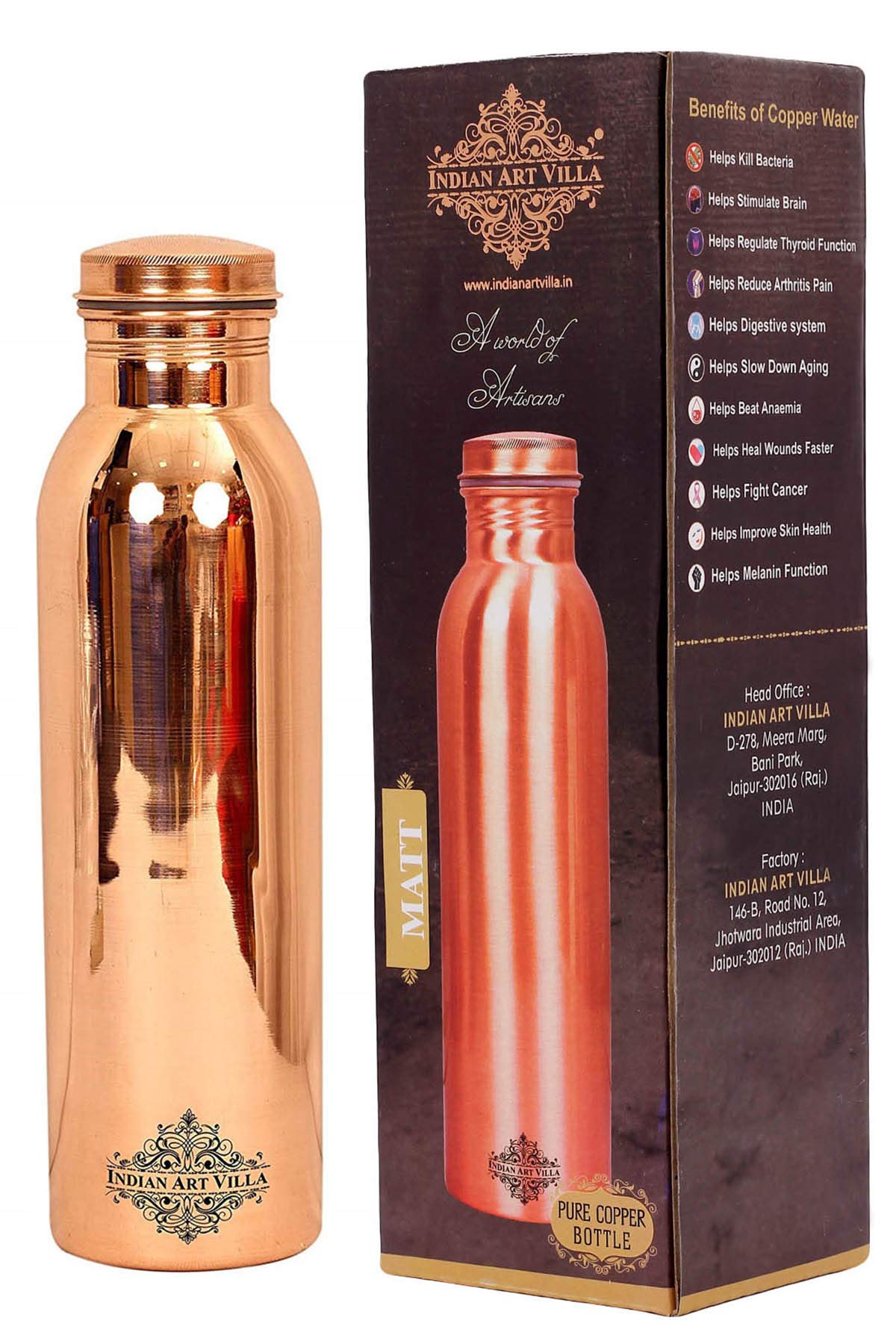 INDIAN ART VILLA Copper Water Bottle for Travel Essential, Joint-free Leak Proof Bottle, Copper Drinkware - 900 ml