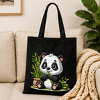 Adorvue New Launch Black Canvas Tote Bag for Women with Cute Panda & Bamboo Print | Premium Cotton Reusable Shopping Shoulder Bag | Kawaii Eco-Friendly Tote for College, Office, Travel & Daily Use