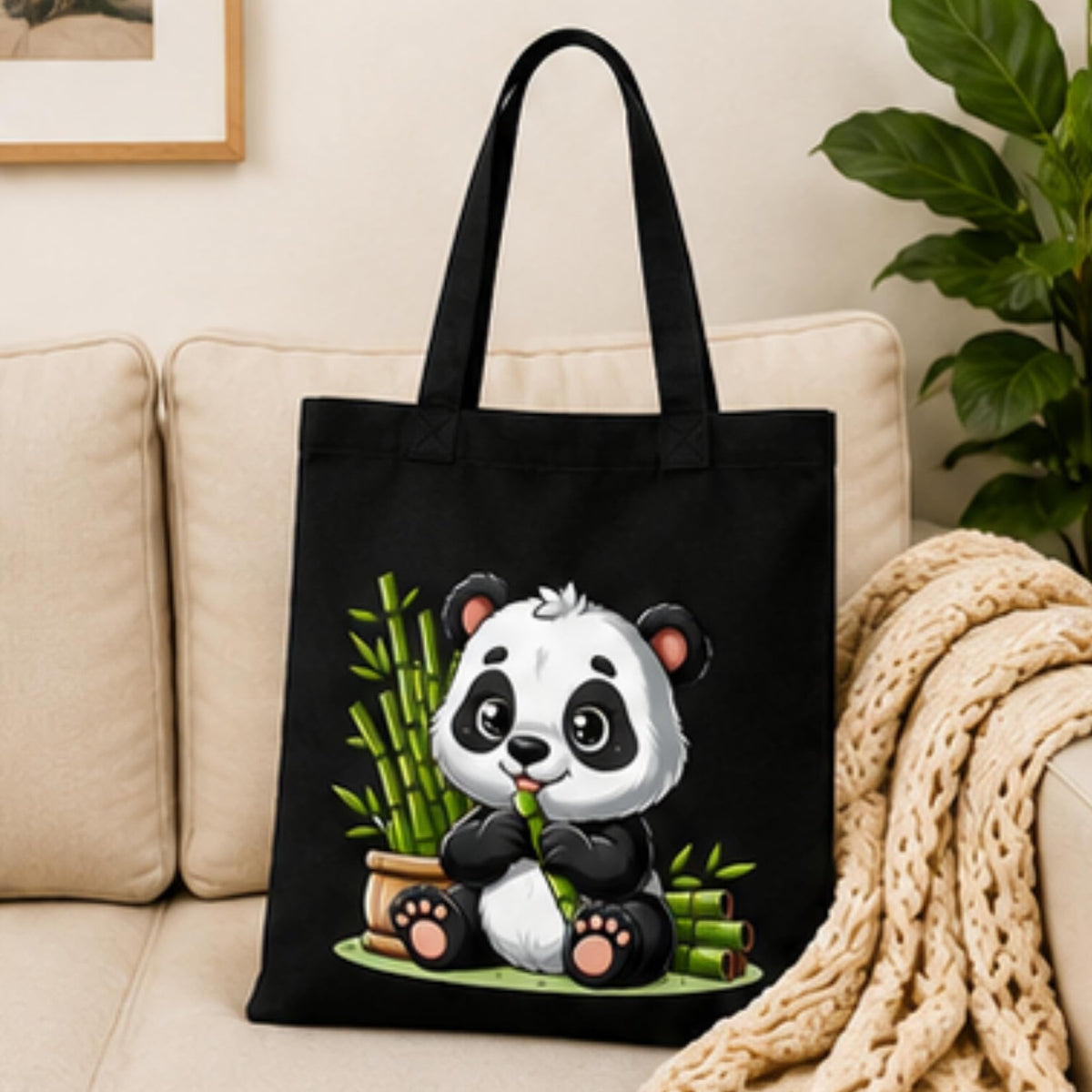 Adorvue New Launch Black Canvas Tote Bag for Women with Cute Panda & Bamboo Print | Premium Cotton Reusable Shopping Shoulder Bag | Kawaii Eco-Friendly Tote for College, Office, Travel & Daily Use
