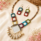 BUNDLEPRO Handmade Kutchi Embroidery Necklace Set with Earrings, Traditional Gujarati Mirror Work, Shell & Bead Embellishment, Boho Tribal Style