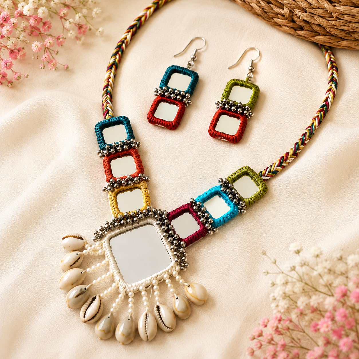 BUNDLEPRO Handmade Kutchi Embroidery Necklace Set with Earrings, Traditional Gujarati Mirror Work, Shell & Bead Embellishment, Boho Tribal Style