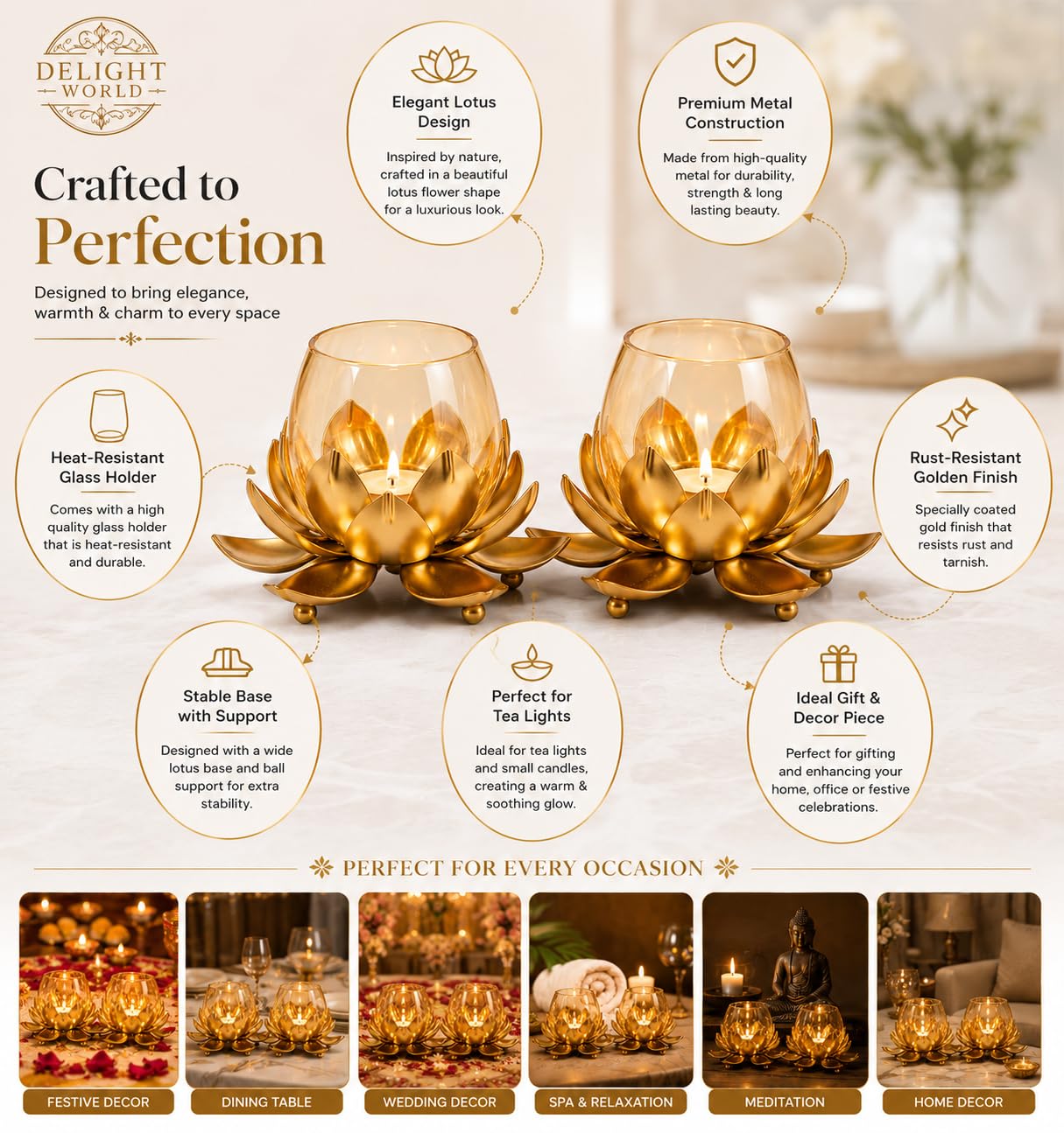 Delight World Lotus Tealight Candle Holder Set of 2 – Golden Metal & Glass Decorative Candle Stand for Home Decor, Diwali Decoration, Table Centerpiece, Living Room, Wedding & Festive Decor