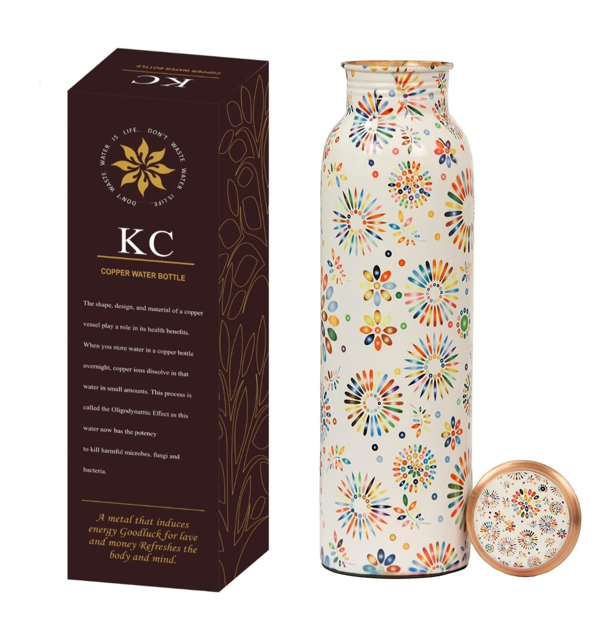 KC Pure Copper Designer Water Bottle | Leak Proof Protection | Ayurveda and Yoga Health Benefits (1000ml, Rainbow Design, Pack of 1)