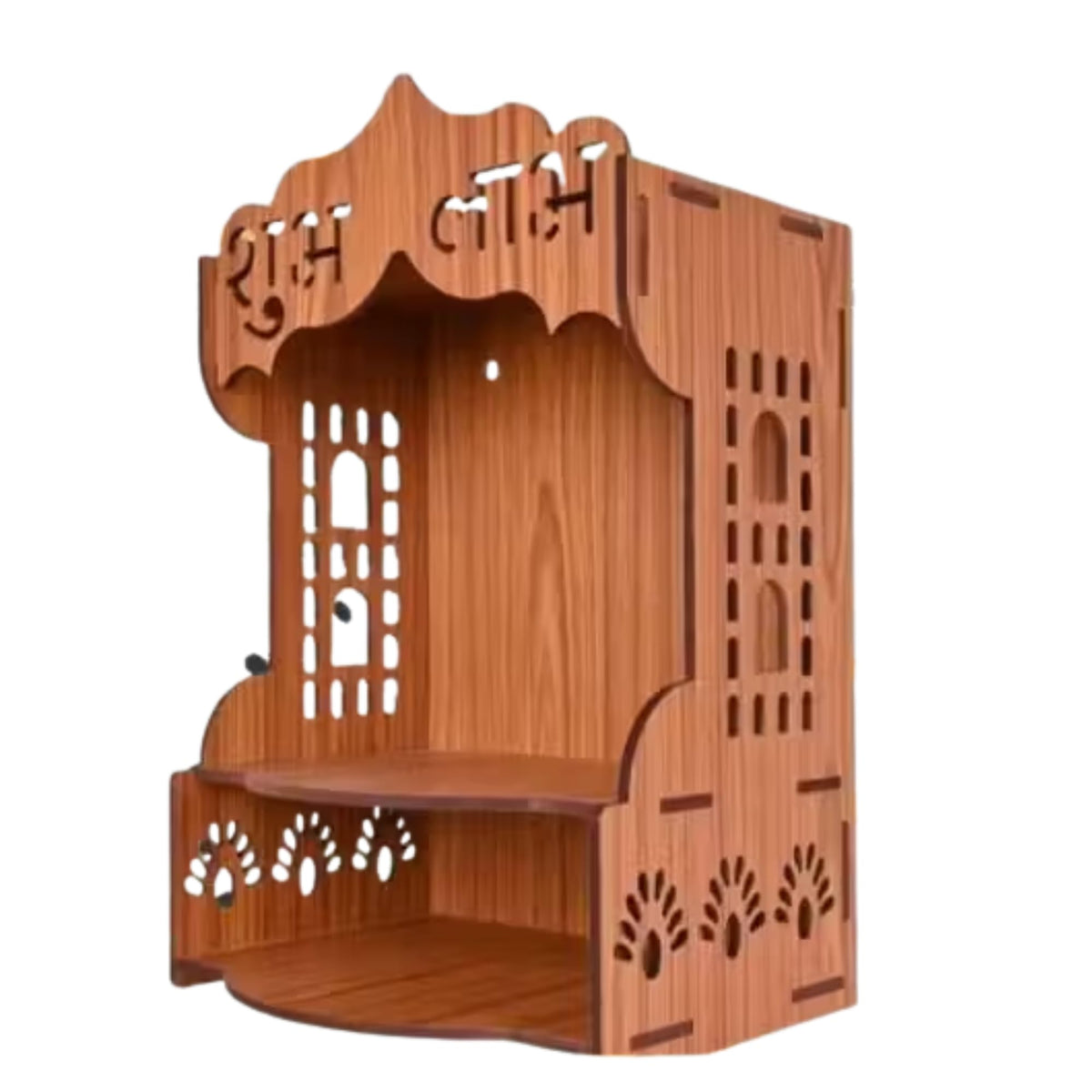 Wooden Temple for Home – Wall Mounted Pooja Mandir | Decorative Prayer Shelf with Storage | Engineered MDF Wood | Compact 9x8.5x14 Inch (Style -4)