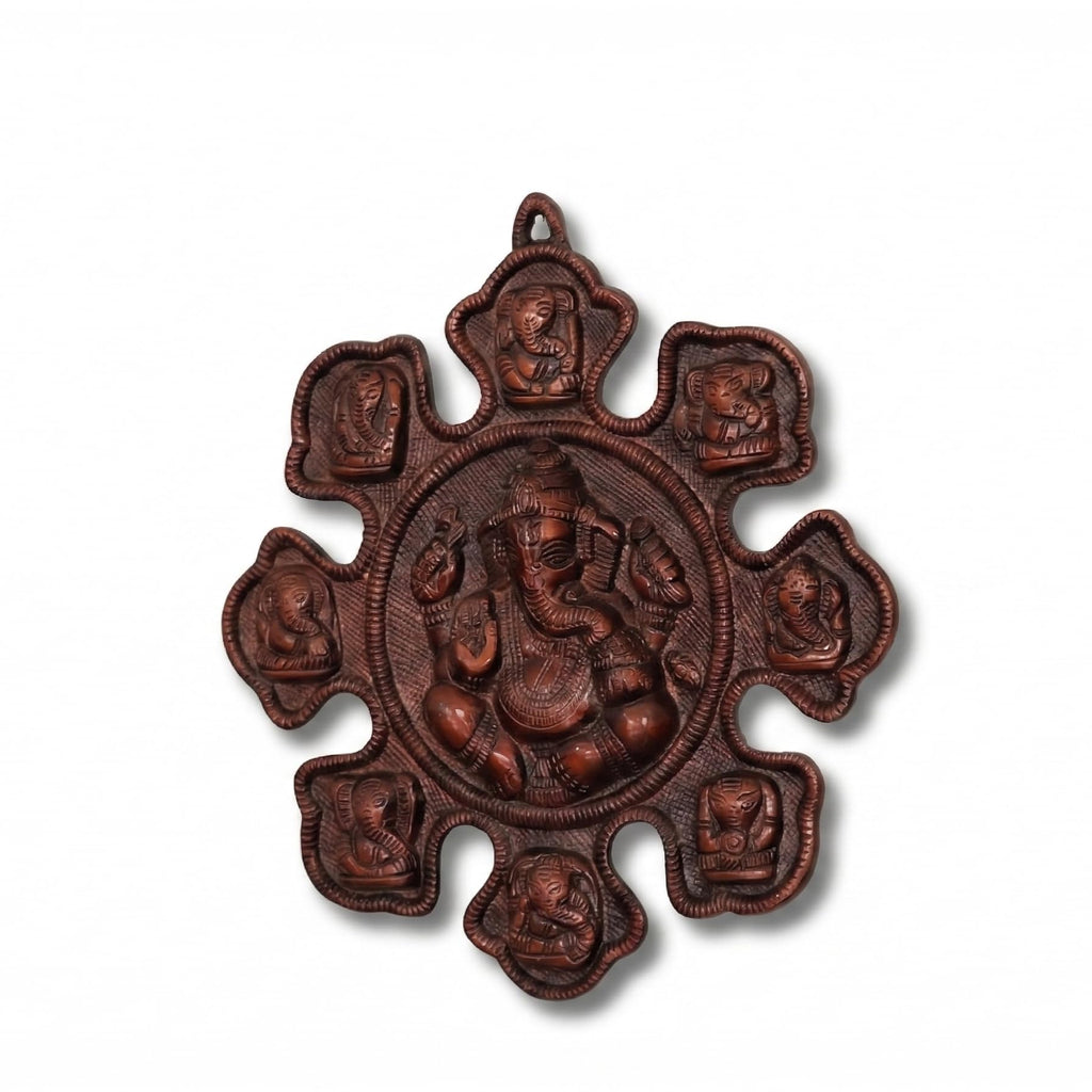 Lord Ganesha Ashtavinayak Wall Hanging Metal Plaque - 28cm x 27cm Antique Copper Finish Idol for Home Decor, Living Room & Entrance | Religious Figurine Gift Item (450g)