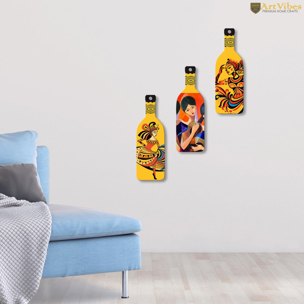 Artvibes Women Guitarist Decor Bottle shaped Wooden Wall Hanging | Graphic Artwork | Door Decoration Items | Paintings For Wall | Wall Art Print | Handcrafted Art | Unique Gift (WH_9518N), Set of 3