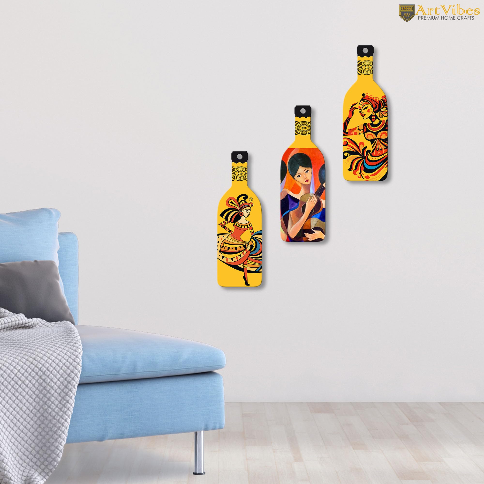 Artvibes Women Guitarist Decor Bottle shaped Wooden Wall Hanging | Graphic Artwork | Door Decoration Items | Paintings For Wall | Wall Art Print | Handcrafted Art | Unique Gift (WH_9518N), Set of 3