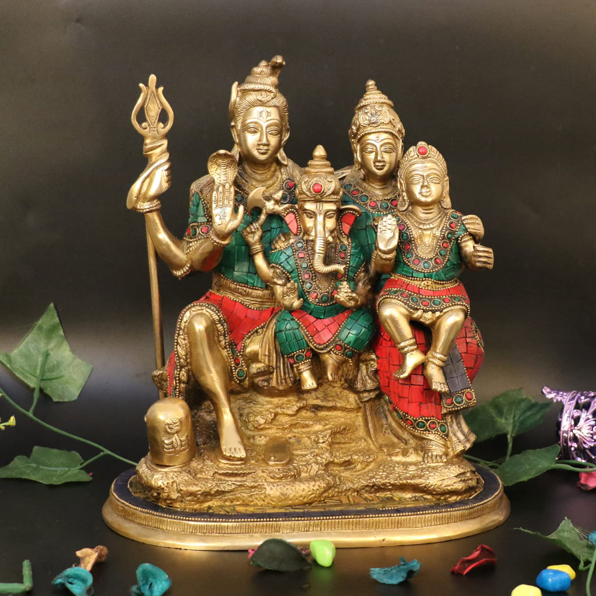 Artvarko Lord Shiva Parvati, Ganesha and Kartikeya Murti Brass Inlay Stone Work Shiv Parivar Family Sitting Idol for Shivratri/Mahashivratri Diwali Temple Puja Gifts 12 Inches