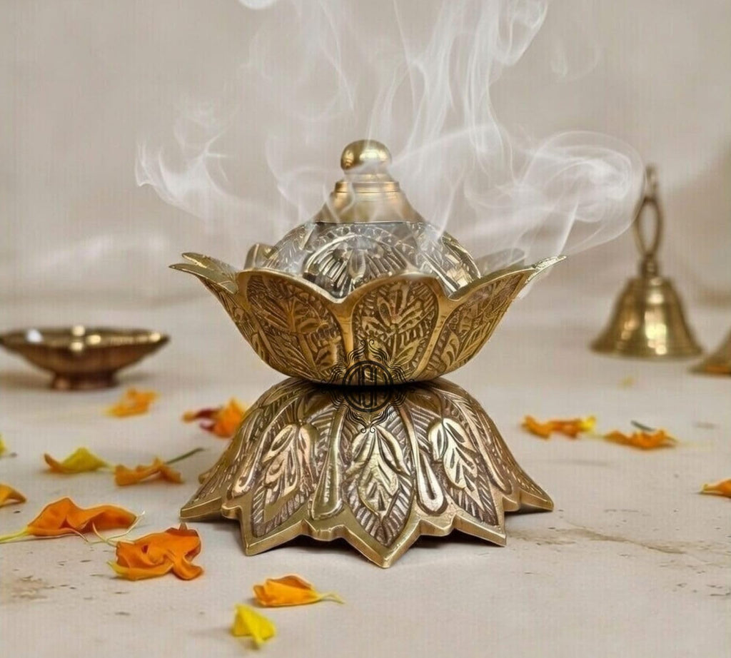 DSH Flower Design Dhoop Dani Brass Dhuna Loban Burner Round Dhooni Home Office Table-Top Incense Holder for Loban.