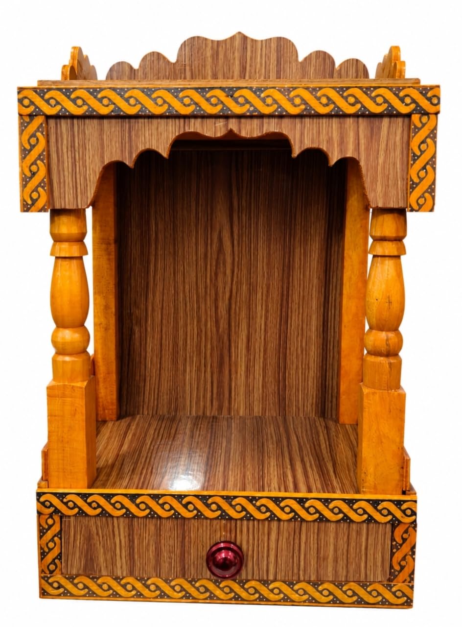 Handcrafted Wooden Temple for Home & Office | Compact Puja Mandir with Storage Drawer & Traditional Carvings | Elegant Pooja Ghar Mandapam (Size: 45 x 32 x 22 cm)