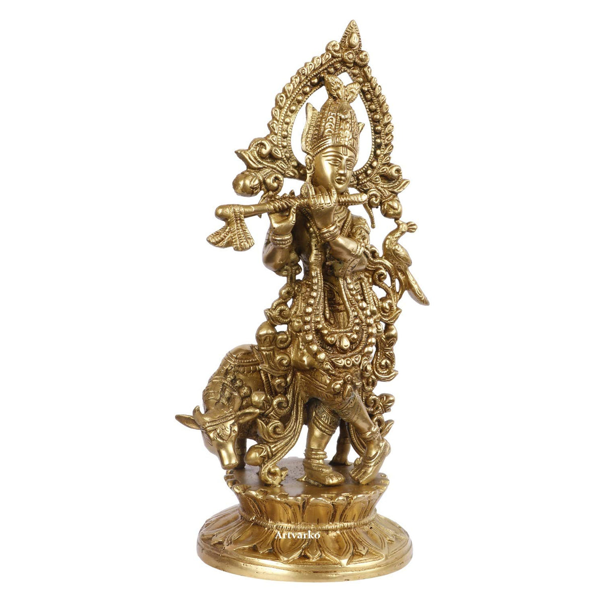 ARTVARKO Brass Bhagwan Krishna Murti with Flute and Cow 12 Inch | Premium Handcrafted Lord Krishna Idol for Home Temple, Mandir, Living Room & Spiritual Décor | Religious Gift