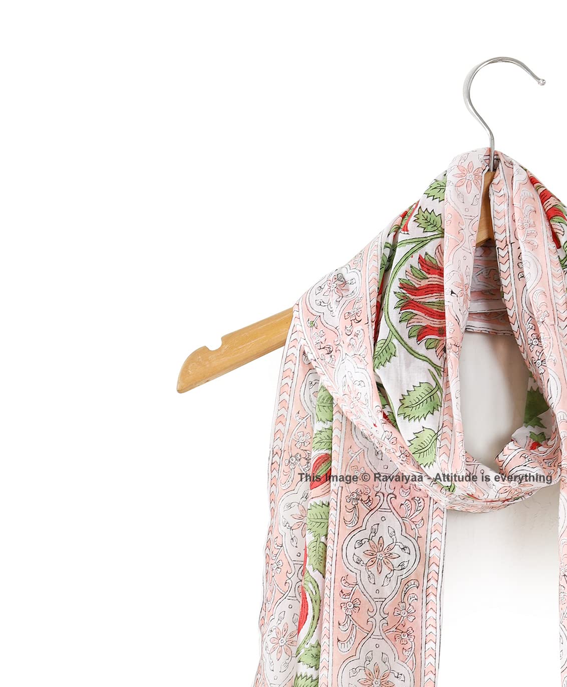Ravaiyaa - Attitude is everything Hand Block Printed Cotton Long Stole Scarves Hijab Neck Wrap Scarf 71 X 21 Inch (White Lotus Floral), (female)