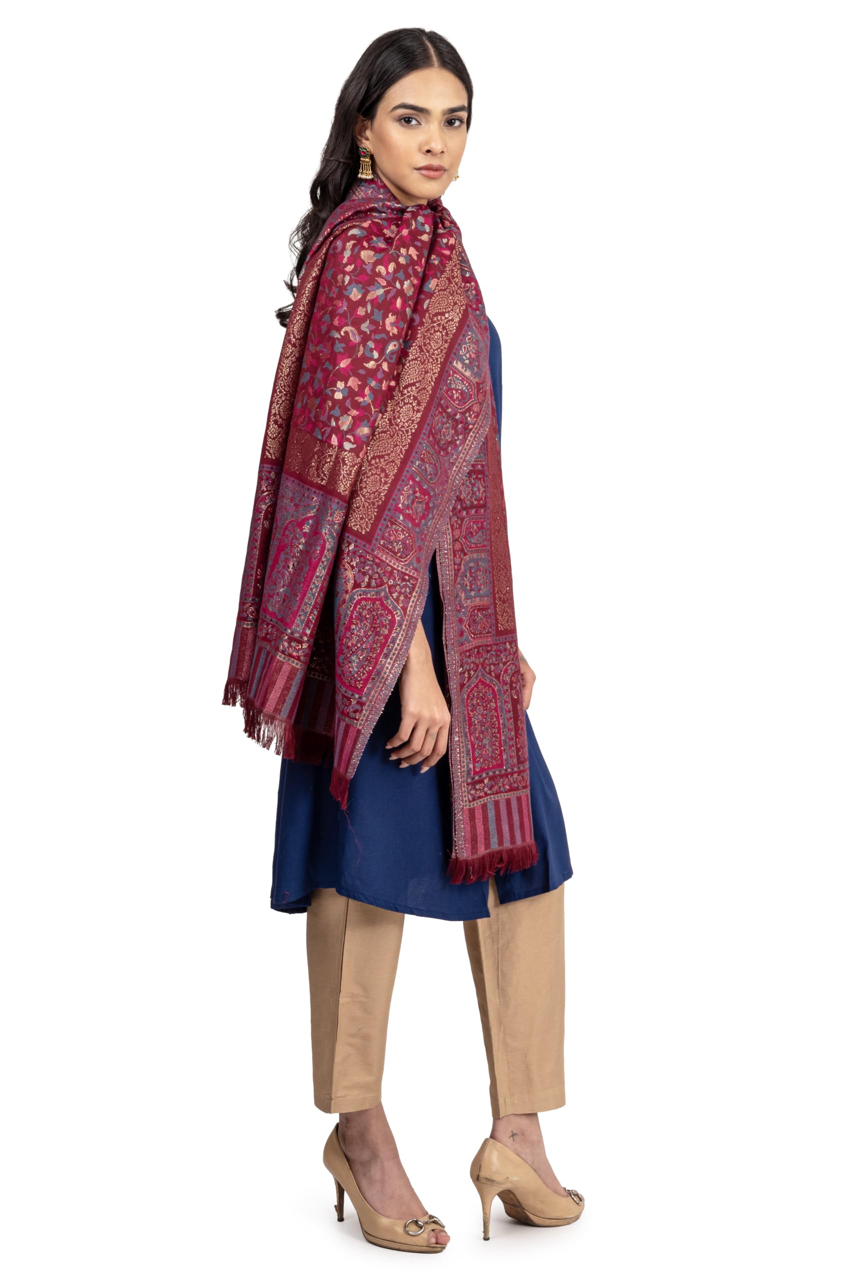 Naureen Women Faux Pashmina Kani Stole with Mughal Artwork and Zari Accents, Warm and Soft, 28x80 inch