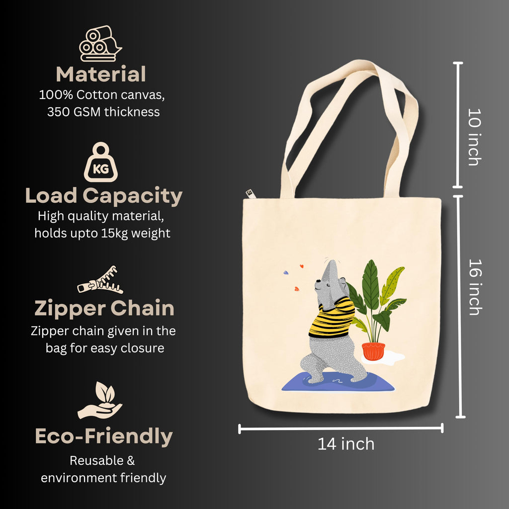 snapiq COTTON 350 GSM Canvas Tote Bag for Women and Girls Thick Fabric with Zipper (Beige, Bear Yoga)
