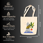 snapiq COTTON 350 GSM Canvas Tote Bag for Women and Girls Thick Fabric with Zipper (Beige, Bear Yoga)