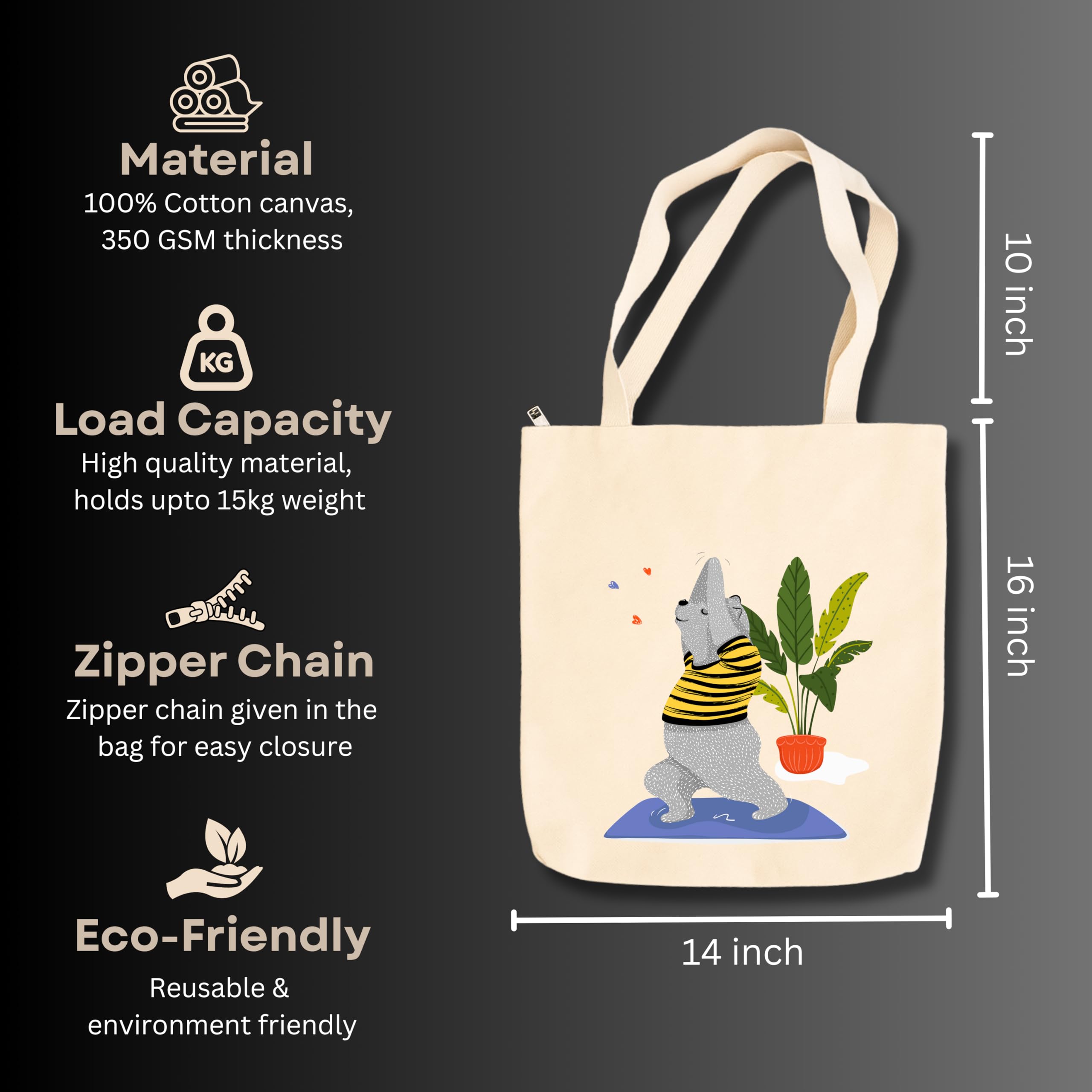 snapiq COTTON 350 GSM Canvas Tote Bag for Women and Girls Thick Fabric with Zipper (Beige, Bear Yoga)