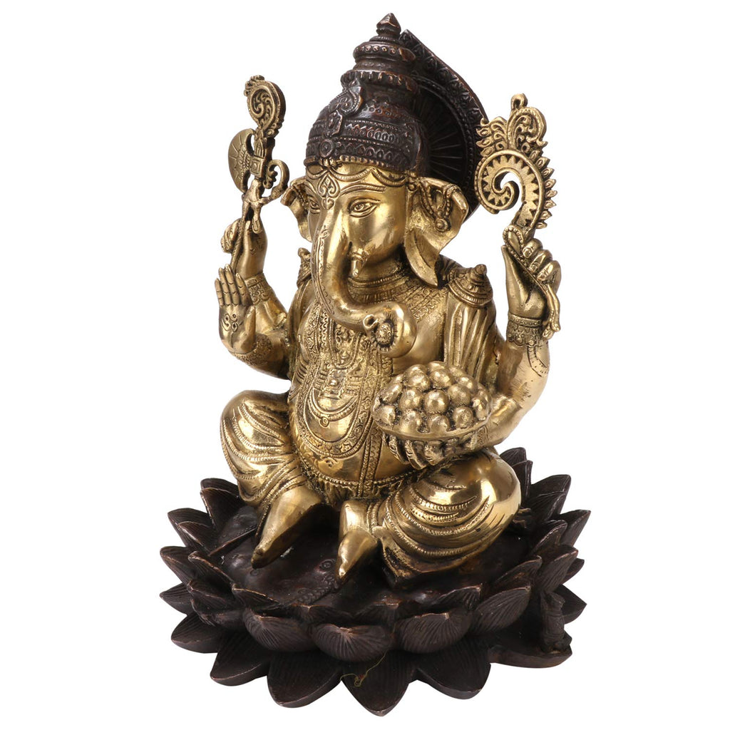 SVARUP Brass Mangalkari Ganesha Sitting On Lotus Bhagwan Idol Ganesh Statue Ganpati Murti for Home Entrance Decor Diwali Gift Height 12 Inch