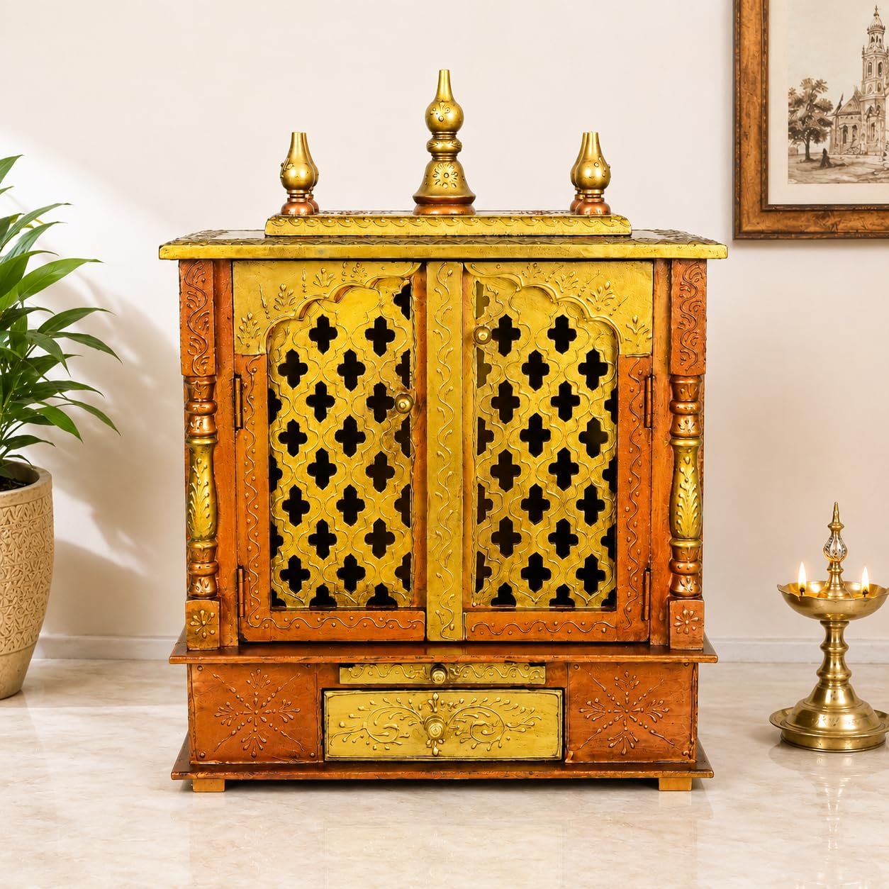 Home and Bazaar Wooden Temple Rajasthani Ethnic Handcrafted Mandir, Pooja Ghar Mandapam - 18x9x24 Inch (46x23x61 Cm) Brown | Traditional Wood Pooja Mandir Hindu Temple for Home Décor Mandapam