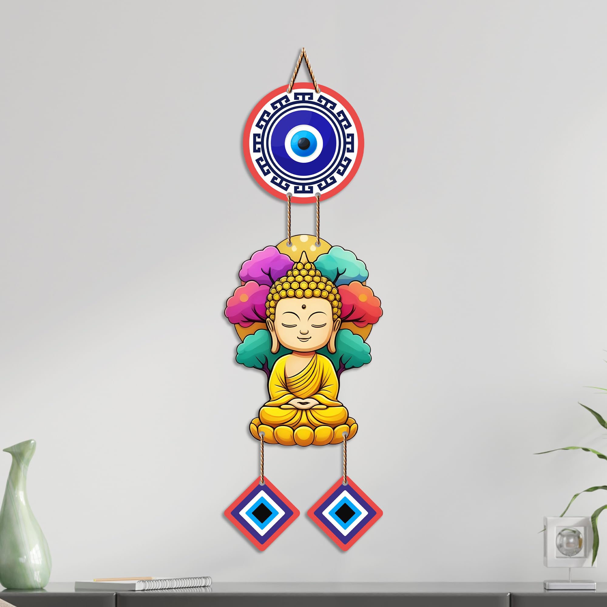 Artvibes Buddha Serenity Wall Hanging with Evil Eye Protection Charms | Spiritual Decorative Hanging for Meditation | Yoga and Prayer Rooms | Wooden Home Decor Accent for Living Room (WH_85100N)