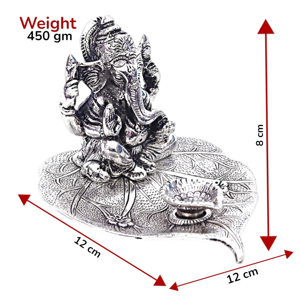 KridayKraft Metal Ganesh Silver Polish Leaf for Home Decor and Gift Purpose-(12 x12 x 8 cm)