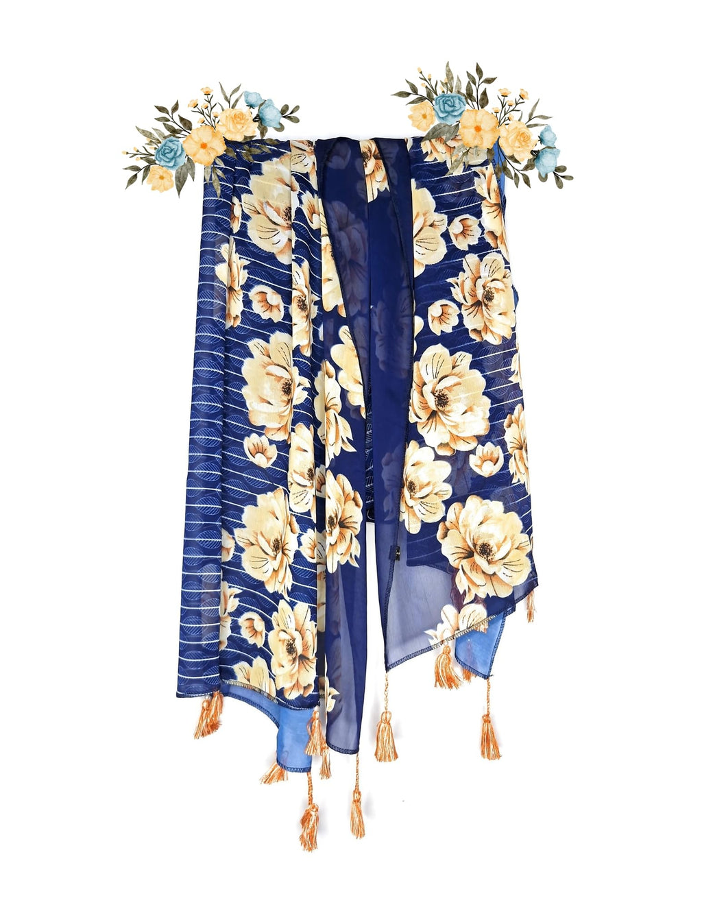 Chandwasia Fashion Floral Printed Scarf | Neck Shoulder Head Wrap Styling Dupatta Use | Polyester Chiffon Fabric Tassel Border Lightweight Soft Texture Pattern Women - Dark Blue Floral