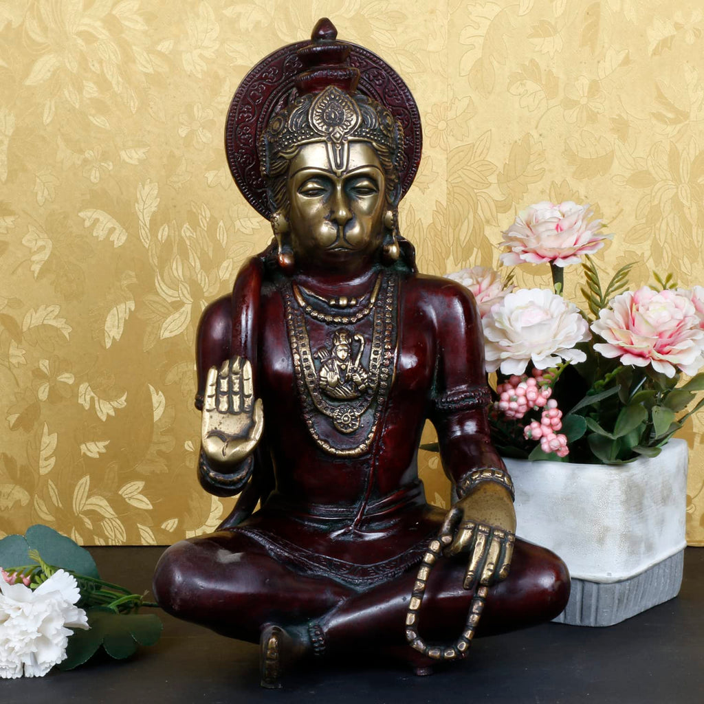 ARTVARKO Brass Hanuman Ji Murti Idol Bajrang Bali Sitting Blessing Meditation for puja Sculpture Diwali Decor Gifts Height 11 Inches