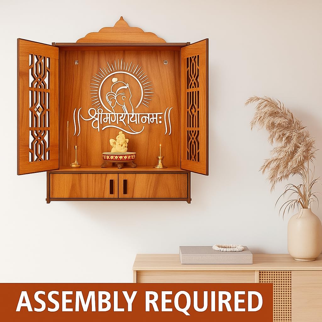 ARTIHC CRAFT Large Wooden Home Temple Mandir with Doors, Krishna Wall Art Design, Dual Storage Drawers, and Wall-Mounting Capability, Ideal Pooja Unit for Home Worship| Sculpture-GaneshayNamah