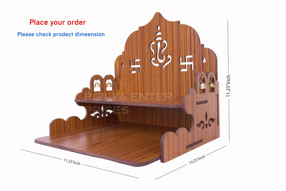 Wooden Temple for Home – Wall Mounted Pooja Mandir with Saathiya & Ganesh Ji Bell Design | Compact Wooden Temple for Office & Home (Light Brown, L-11.25 x W-10.25 x H-11.25 Inch)