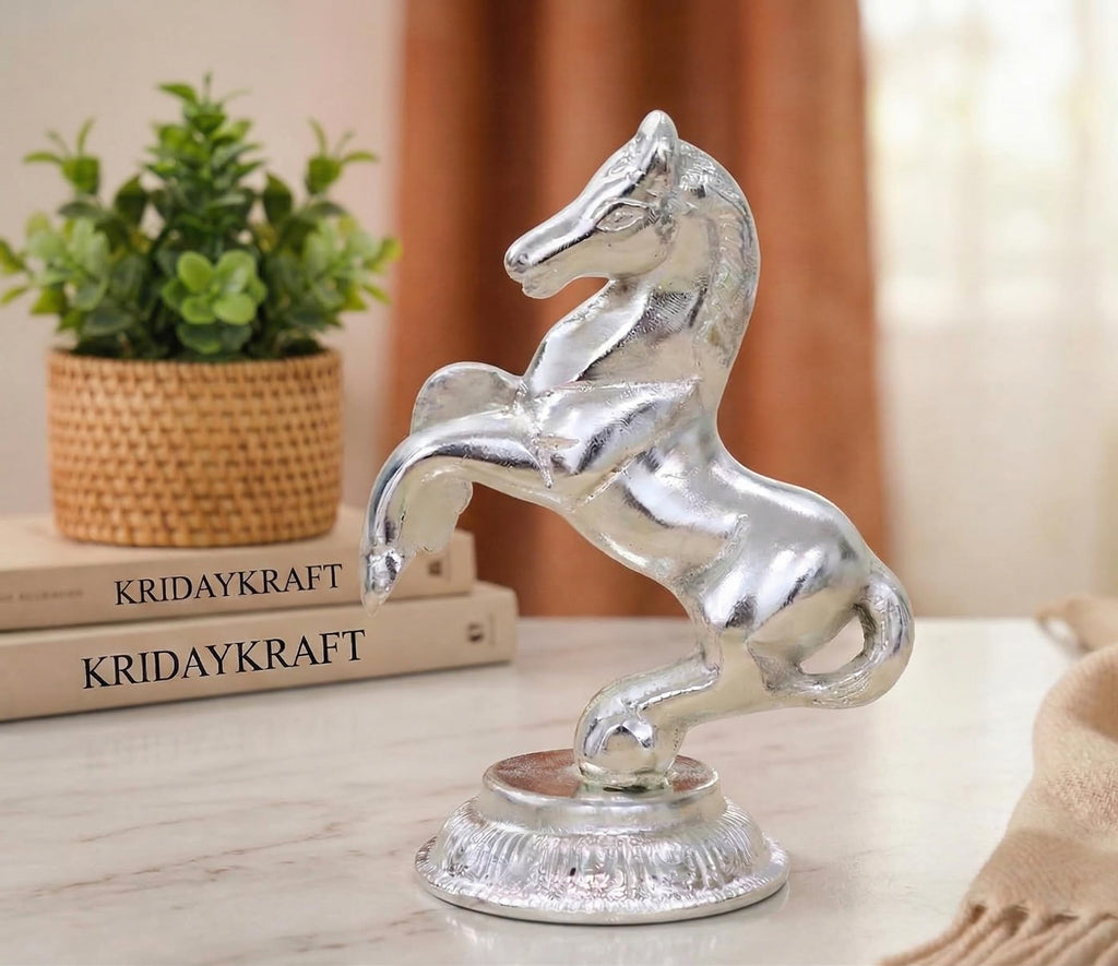 KridayKraft Jumping Horse Metal Statue for Wealth Table Top Figurine for Living Room Bedroom Home Office Animal Decorative Showpiece Feng Shui Vanstu Sculpture for Gift Purpose. (Silver)