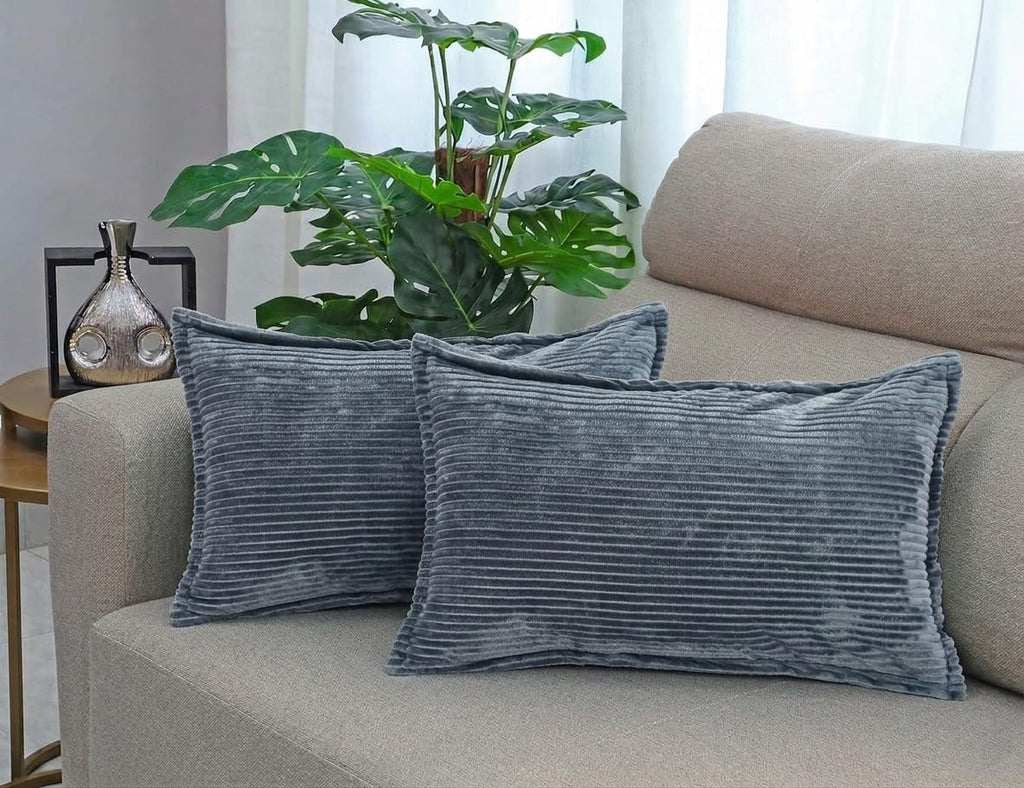 RD TREND® Corduroy Cushion Cover Set of 2, Striped Double Sided Decorative Throw Pillowcases for Sofa, Bed & Living Room Rectangular Long Cushion Covers 18x28 inches | Grey