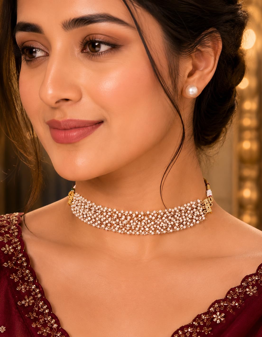 Handmade for her Handmade Pearl Choker Necklace for Women, White, Traditional Indian Style, Adjustable Gold Tone Chain