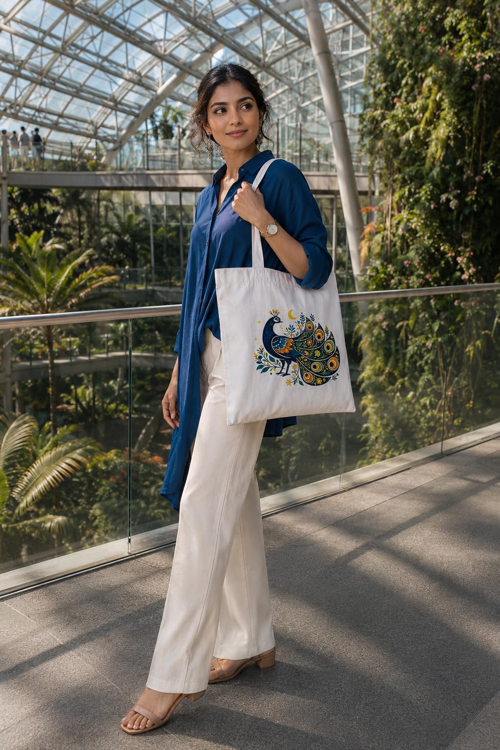 Kai Pai Co Cotton Tote Bag for Women, Indian Folk Art Prints, Casual Daily Use, Reusable Shoulder Bag,14 X 16 Inches - Madhubani, Kalamkari, Return Gifts (Posing Peacock - Kalamkari)