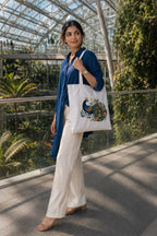 Kai Pai Co Cotton Tote Bag for Women, Indian Folk Art Prints, Casual Daily Use, Reusable Shoulder Bag,14 X 16 Inches - Madhubani, Kalamkari, Return Gifts (Posing Peacock - Kalamkari)