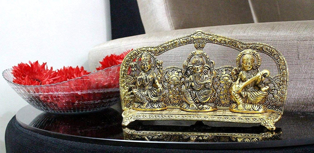 Prince Home Decor & Gifts Metal Laxmi Ganesh Saraswati Idol Decorative Platter with Diya (Golden, 25 X 6 X 14 cm)