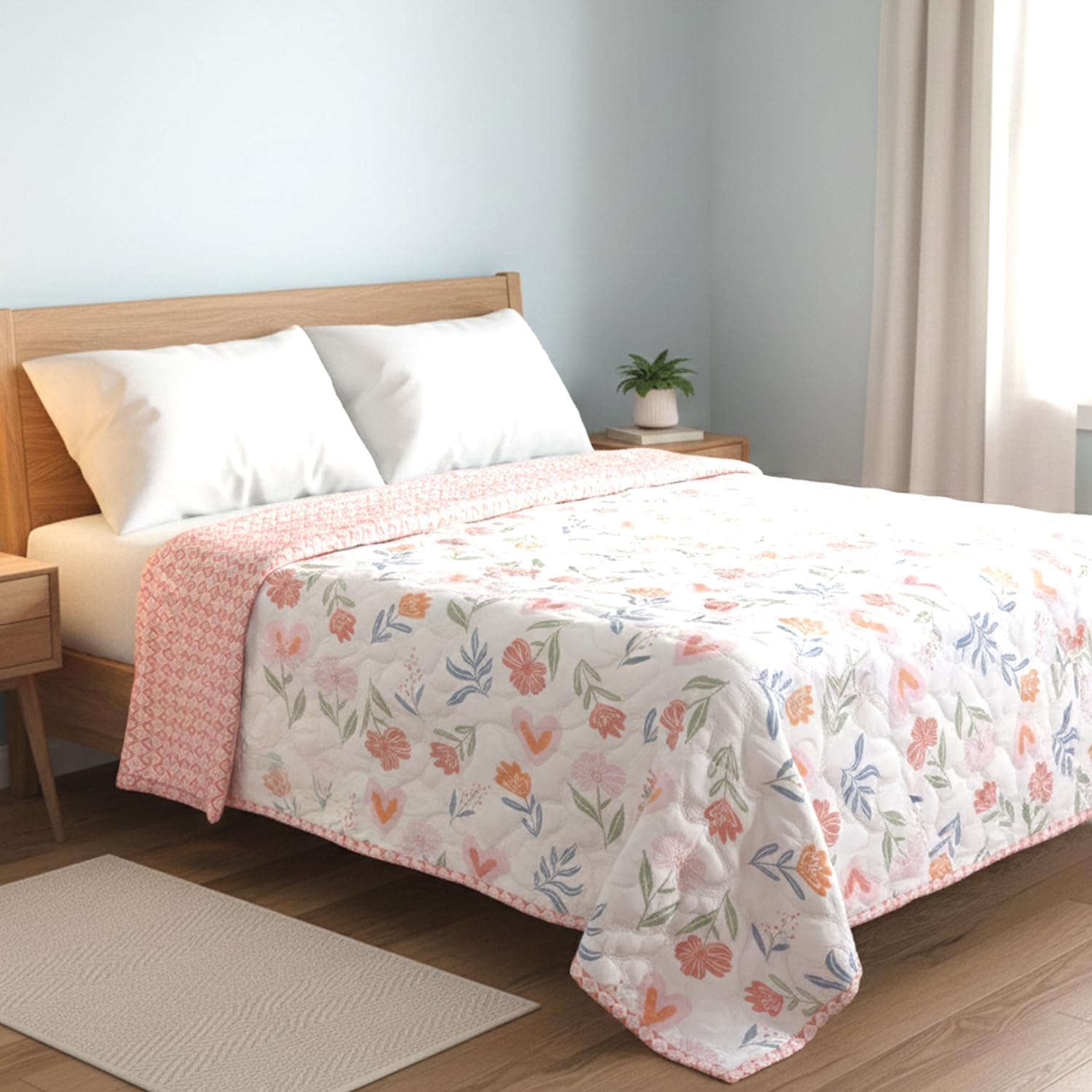 Cotton Reversible Summer Blanket, AC Comforter with Classic Printed Design, Cooling Quilt Dohar for Single Or Double Bed, Ideal for Gifting (Pink Flower Design, Single Bed) Kafalo