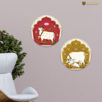 Artvibes Sacred Cow Pichwai Art Round Shape MDF Wooden Wall Decor Items | Living Room | Handcrafted Art | Wall Illustrations | Art Prints | Aesthetic Wall Art | Ideal Gifts (WH_8801NN), Set of 2