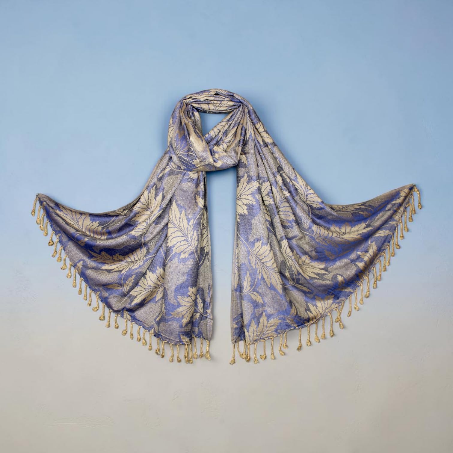 STOLE STUDIO Embellished Leaf Luxurious Viscose Stole Scarf (Beige/Blue)