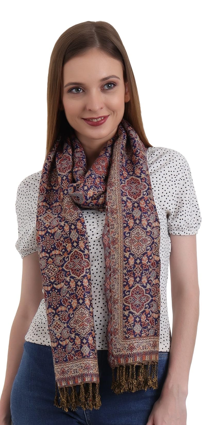 EH Reversible Jamawar Multicolor Viscose Silk, Floral & Paisley Super Soft Pashmina Stoles/Scarf (Floral Royal Blue), For Female