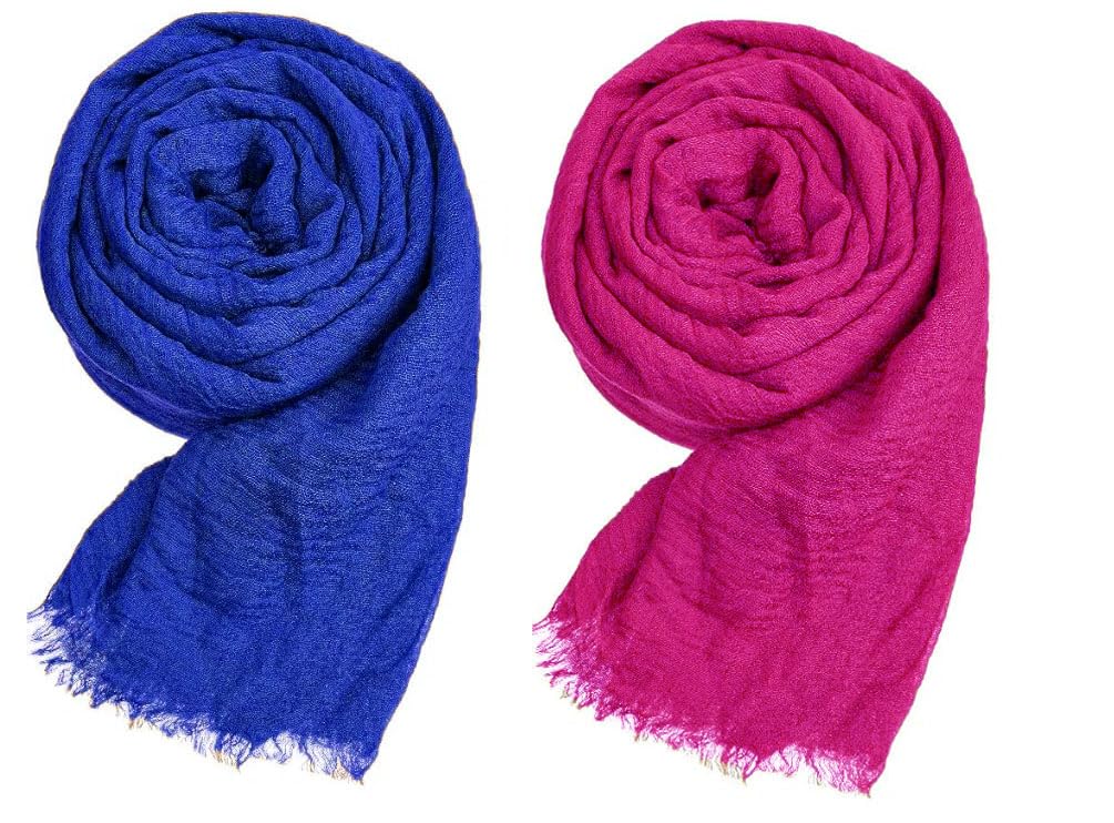 ICW Women's UV Protection Light Weight Wrinkle Ironless Crinkle Cotton Hemp Summer Scarf Stoles Shawl head scarves for girls (Pack of 2) (Royal Blue-Red)