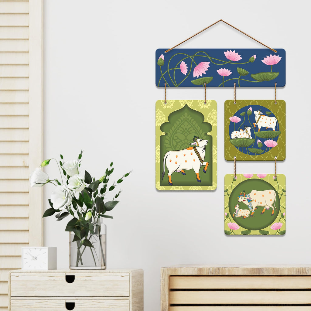 Artvibes Traditional Cow & Calf Pichwai Art Decorative Wall Art MDF Wooden Wall Hanger for Living Room | Room Decoration | Handcrafted Art | Wall Poster | Artworks Hangings | Unique Gift (WH_6521N)