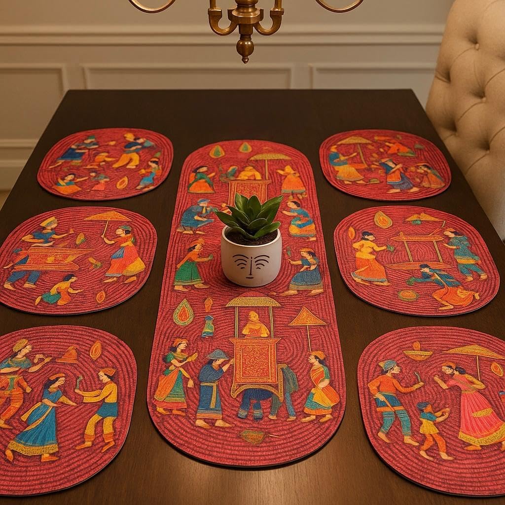 Table Mats Set of 6 with Table Runner - Non Slip, Heat Resistant, Jute Cotton Blend for Dining Room Decor (Red) Kafalo