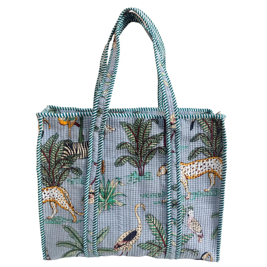 Bazaar Bhoot Edition Premium Cotton Quilted Shopping Tote Bag - Multipurpose Long Lasting Foldable Reusable Bag with zipper for Shopping, Travel & Daily Use - Made in India (Animal Print Azure Blue)
