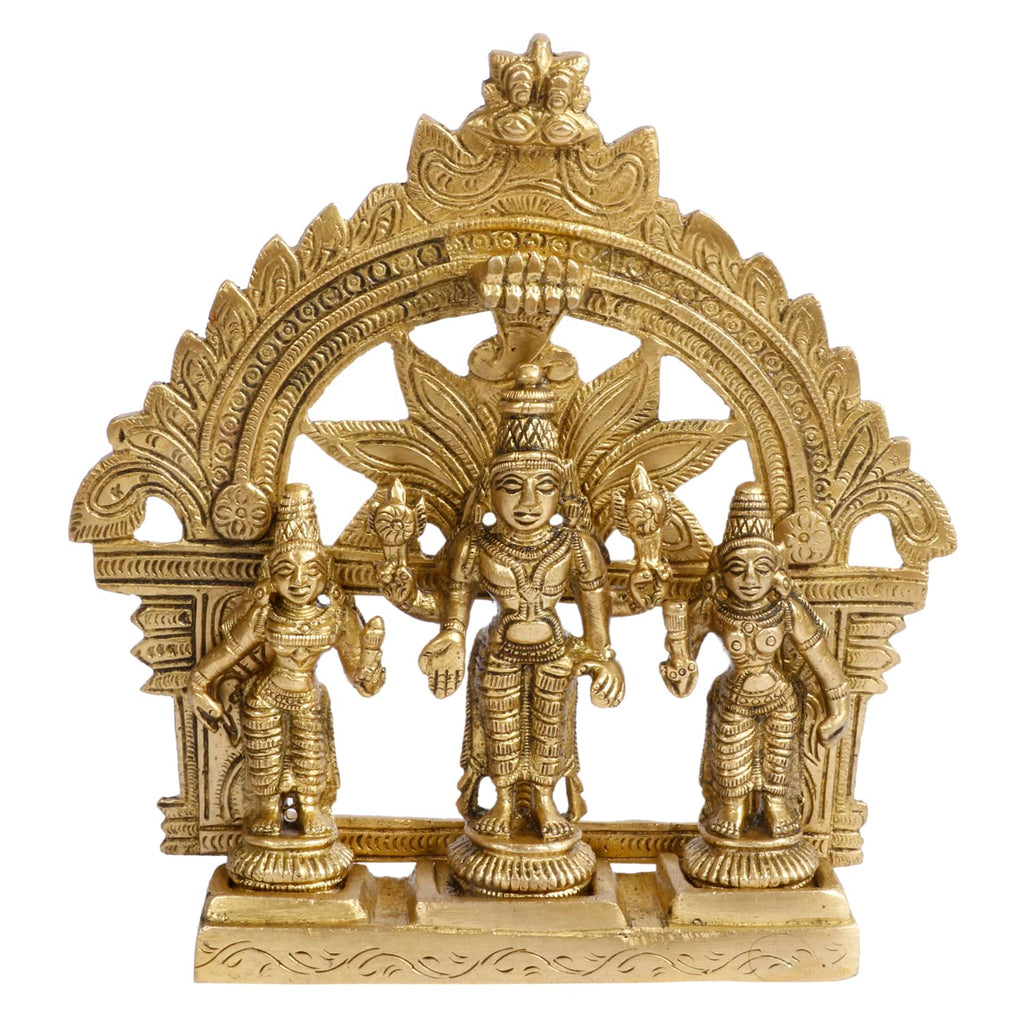 ARTVARKO Brass Lord Vishnu with Sridevi and Bhudevi Parivar Darbar Swami Satyanarayan Idol for Puja Gift Living Room Decoration Home Décor Height 5.5 Inch