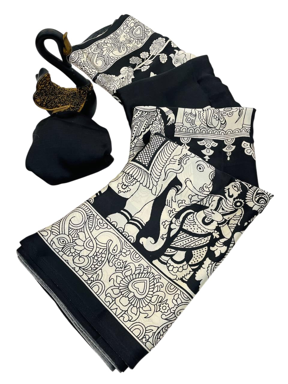 BRAHMAKHODAL Crepe Silk Saree Beautiful Ajrakh Kalamkari Print Design With Blouse Piece (Black1)