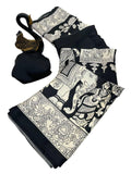 BRAHMAKHODAL Crepe Silk Saree Beautiful Ajrakh Kalamkari Print Design With Blouse Piece (Black1)