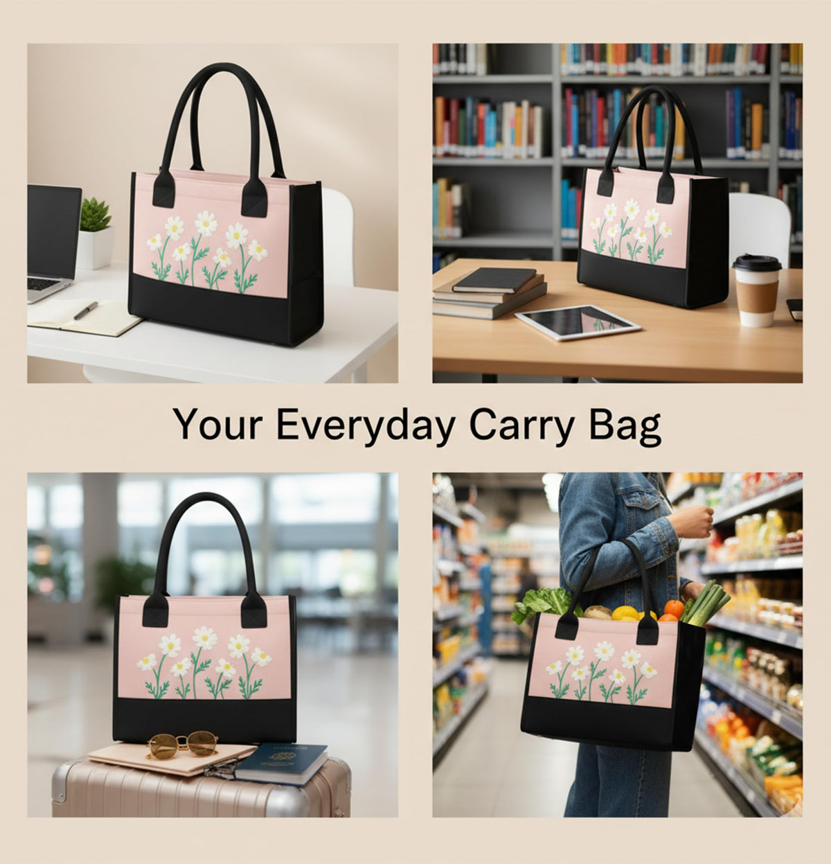 ECOCARRY Cotton Tote Bag For Woman Stylish | Embroidered Canvas Hand Bag With Floral Design | Latest Casual Shoulder Bag Zipper For College Girls, Office, Daily Use, Travel, Beach, Shopping (Pink)