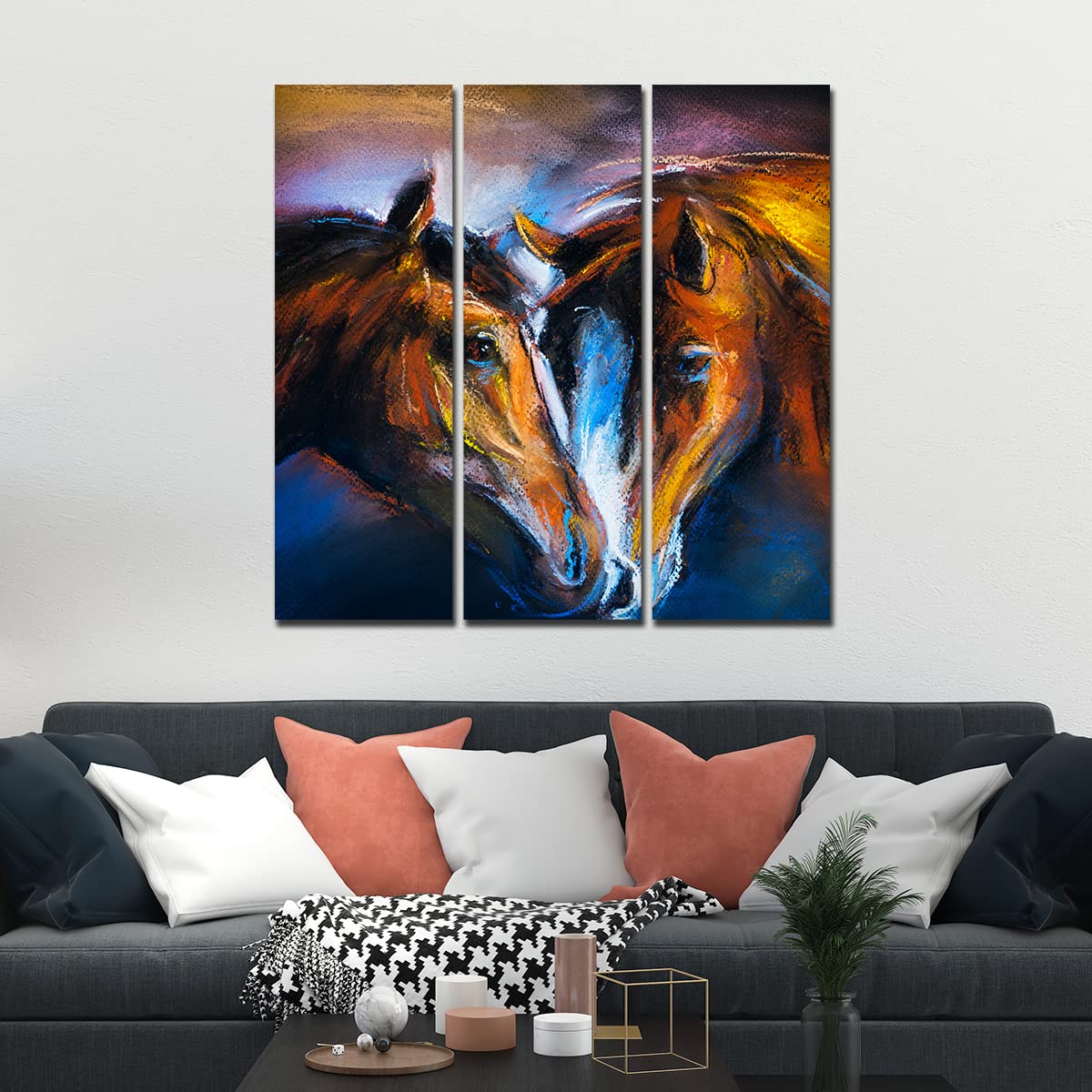 VIBECRAFTS 3 Pieces A Couple Of Horses Canvas Wall Painting Fitted With Wooden Frame For Home | Office | Living Room | Gifts (PTVC3Pcs1_9526)